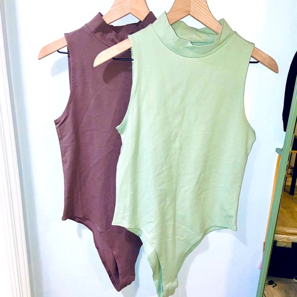 NWT 2 A New Day Mock Neck Bodysuits, Size Medium 💚🤎 Mint Green & Taupe Brown - Picture 1 of 16